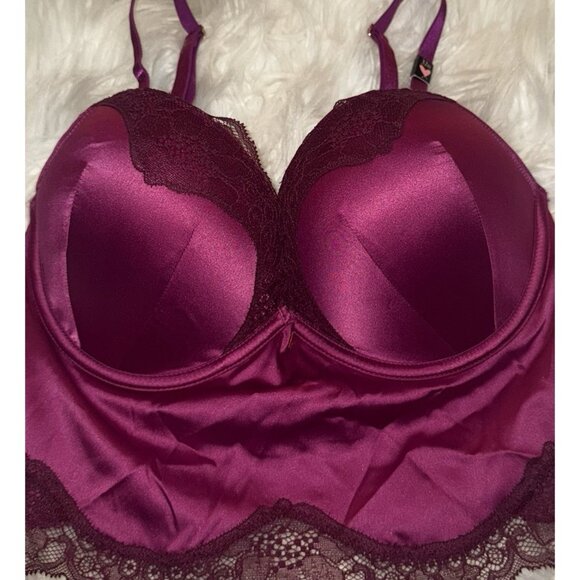 Victorias Secret Bombshell Plunge Bra Longline Add 2 Cups Satin Lace UW 32D New - Picture 3 of 7